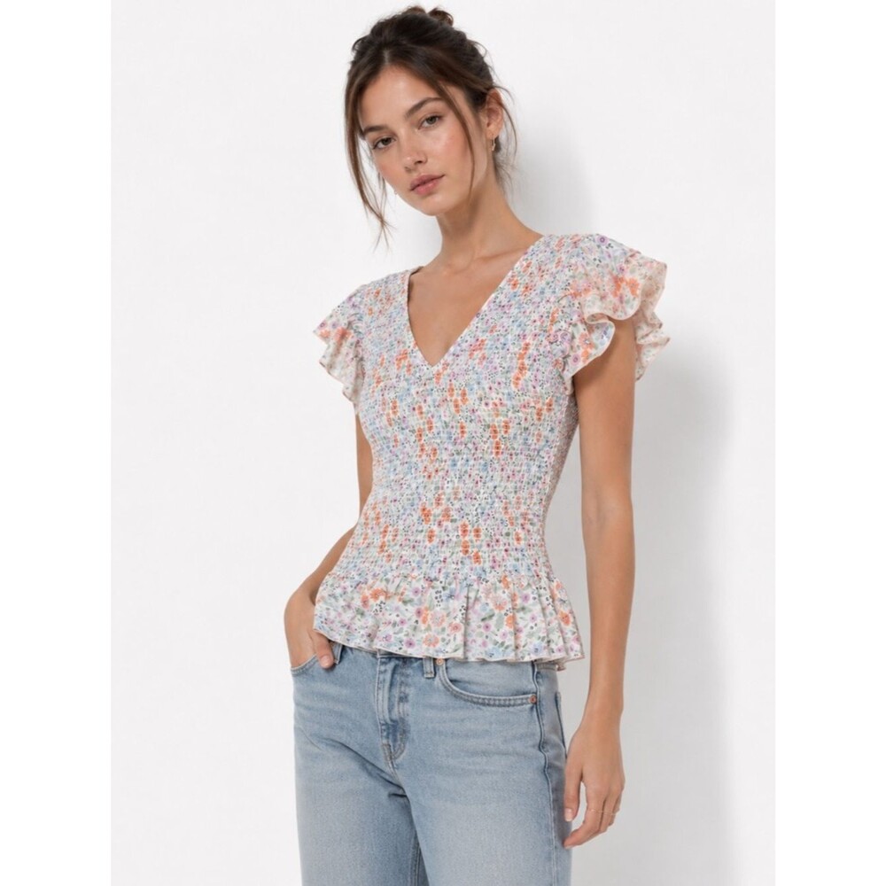 Wildfox Womens Smocked Floral Peplum Top Small Flutter Sleeve Milkmaid Cottage